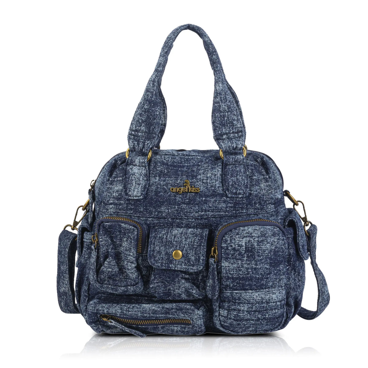 Multi-Pocket Soft Denim Tote Bag – Casual Everyday Shoulder Bag with Top Handles