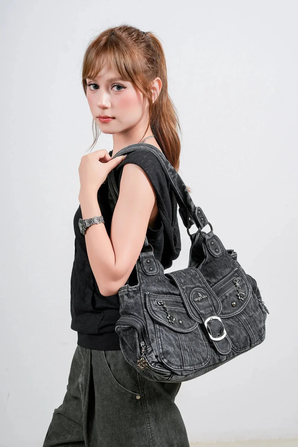 Black Washed Denim Multi-Pocket Hobo Shoulder Bag for Women