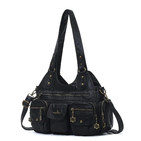 Vintage Bronze PU Leather Handbag – Multi-Pocket Shoulder Tote & Crossbody Bag