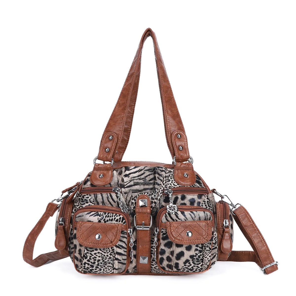 Studded Multi-Pocket Shoulder Bag with Buckle Accents