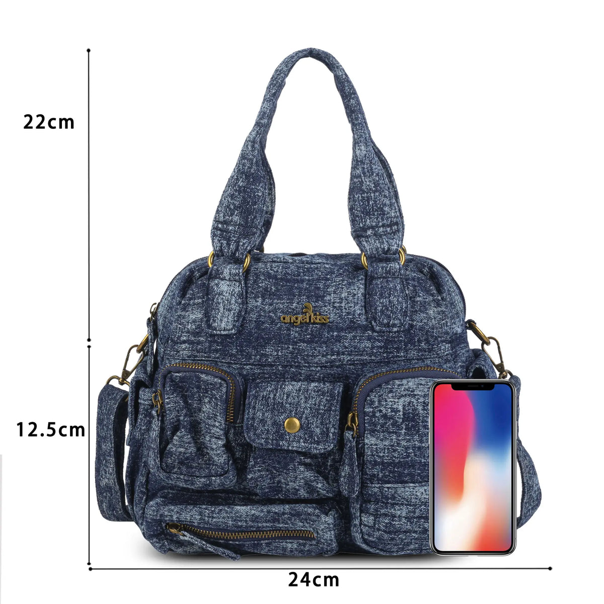 Multi-Pocket Soft Denim Tote Bag – Casual Everyday Shoulder Bag with Top Handles
