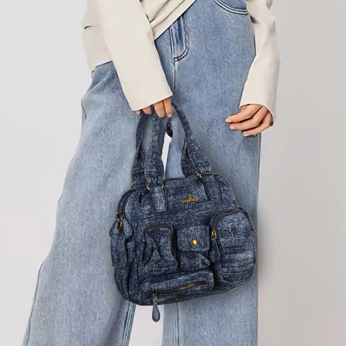 Multi-Pocket Soft Denim Tote Bag – Casual Everyday Shoulder Bag with Top Handles