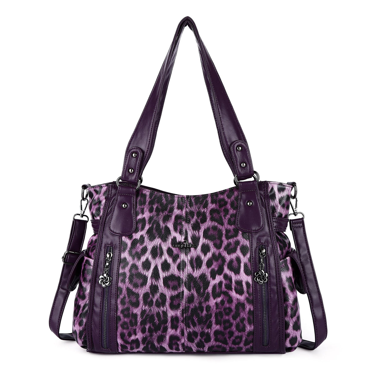 Leopard Print Shoulder Bag with Multiple Zip Pockets