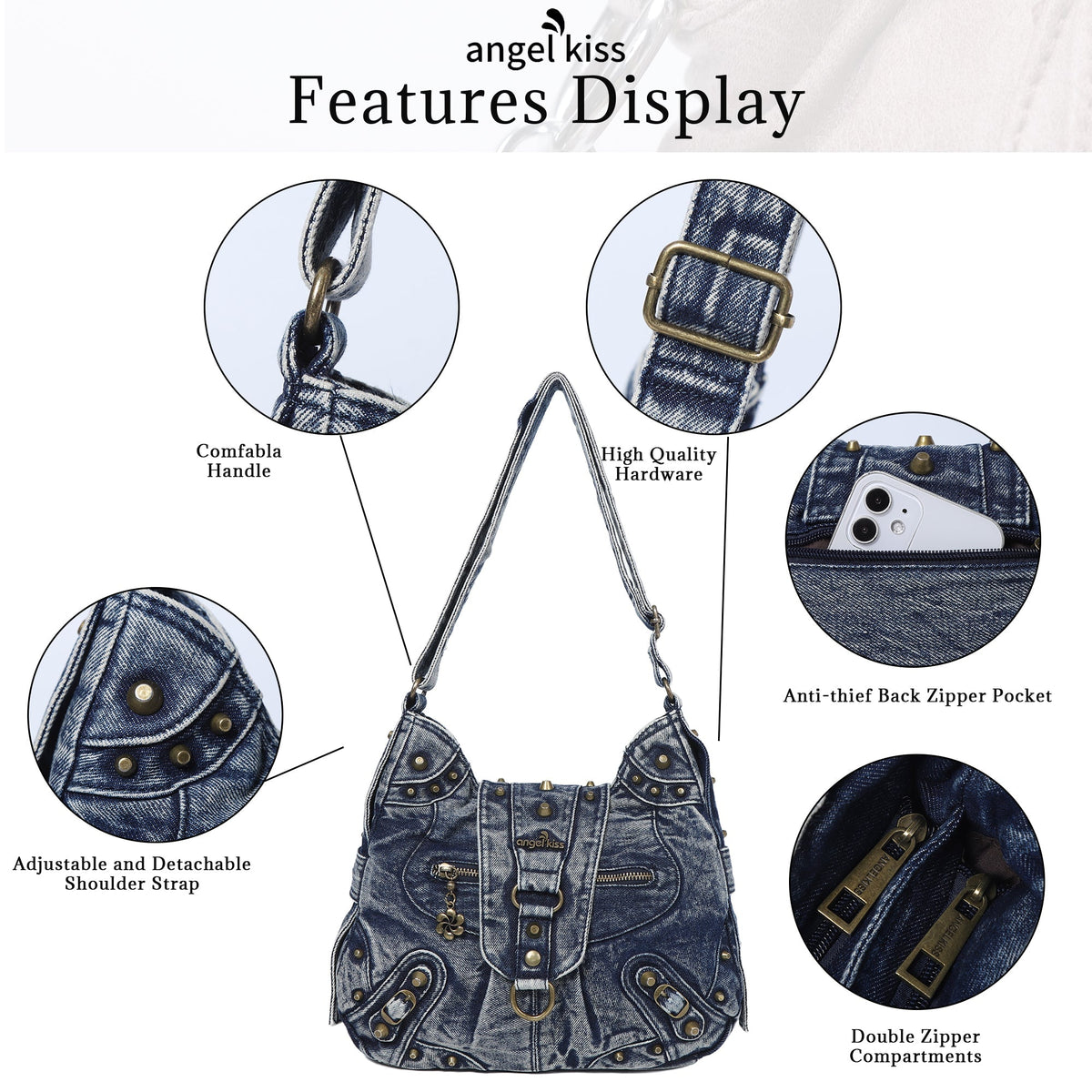 Vintage Studded Curved Hobo Crossbody Bag