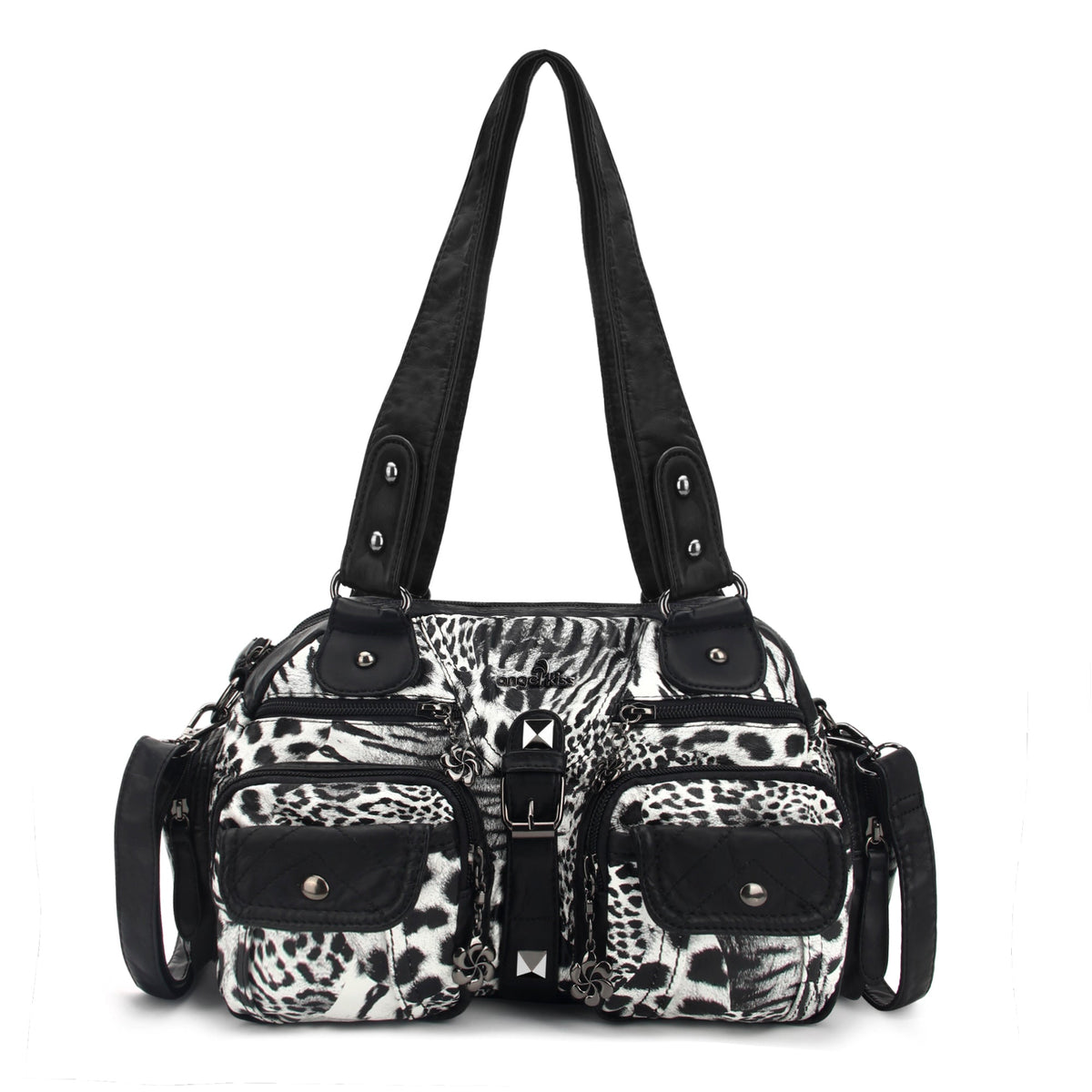 Studded Multi-Pocket Shoulder Bag with Buckle Accents