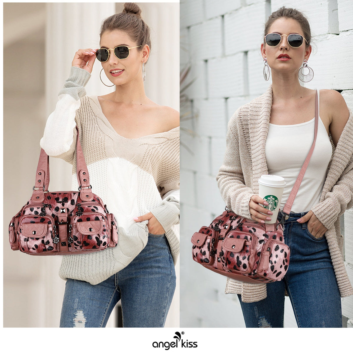 Studded Multi-Pocket Shoulder Bag with Buckle Accents