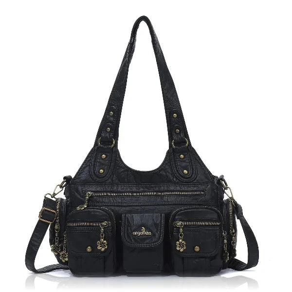 Vintage Bronze PU Leather Handbag – Multi-Pocket Shoulder Tote & Crossbody Bag