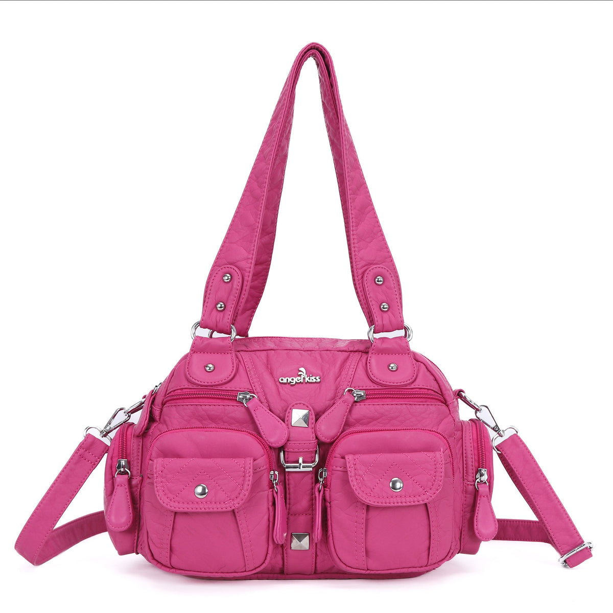 Studded Multi-Pocket Shoulder Bag with Buckle Accents