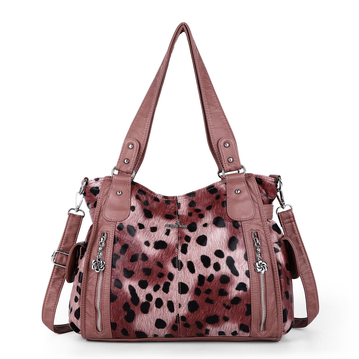 Leopard Print Shoulder Bag with Multiple Zip Pockets