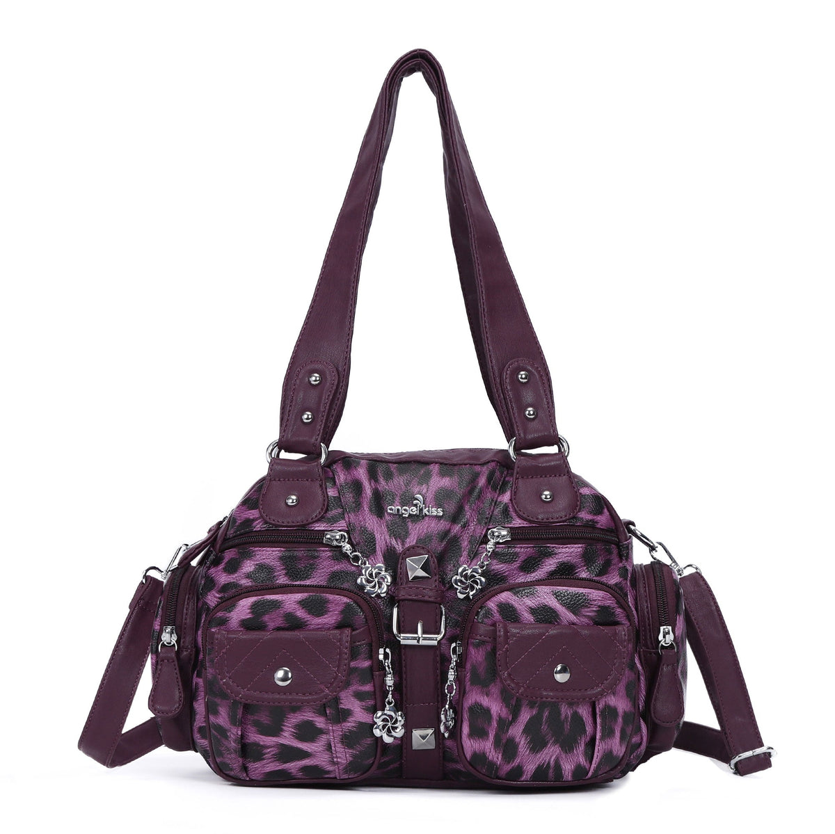 Studded Multi-Pocket Shoulder Bag with Buckle Accents