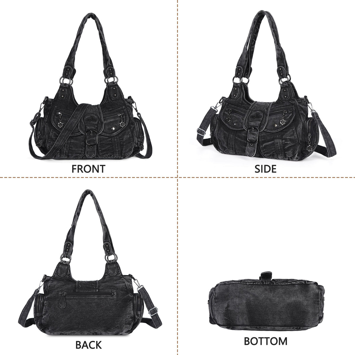 Black Washed Denim Multi-Pocket Hobo Shoulder Bag for Women
