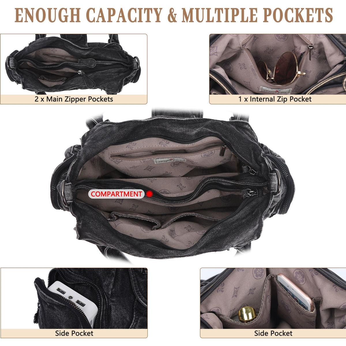 Black Washed Denim Multi-Pocket Hobo Shoulder Bag for Women