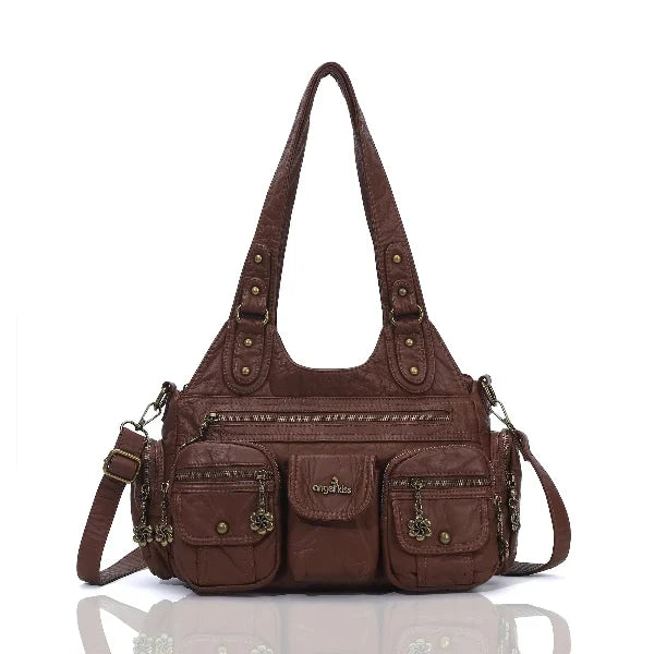 Vintage Bronze PU Leather Handbag – Multi-Pocket Shoulder Tote & Crossbody Bag