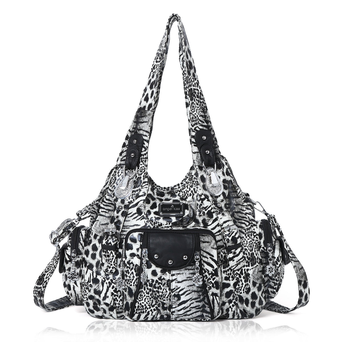 Washed Leopard Print Vintage Multi-Pocket Shoulder Bag for Women