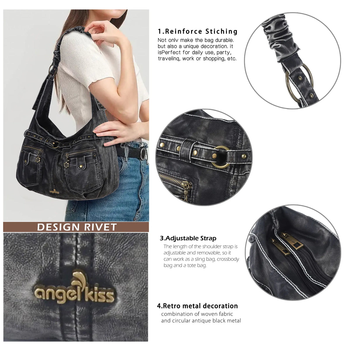 Vintage Vegan Leather Handbag – Multi-Pocket Shoulder Tote